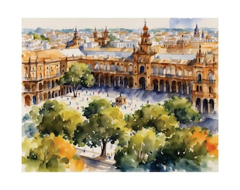 セビリアの絵画 スペイン広場の水彩画 アートプリント スペイン 壁画