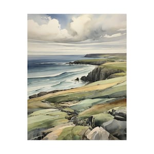 May include: A watercolor painting of a coastal landscape with green hills, rocky cliffs, and a blue ocean with white waves. The sky is a light blue with white clouds.