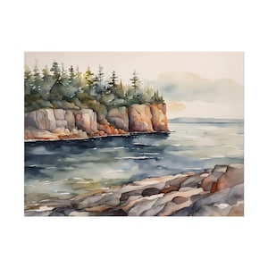 Lake Superior Watercolor Painting Michigan Landscape Rock North Shoreline Poster Great Lakes Art Print