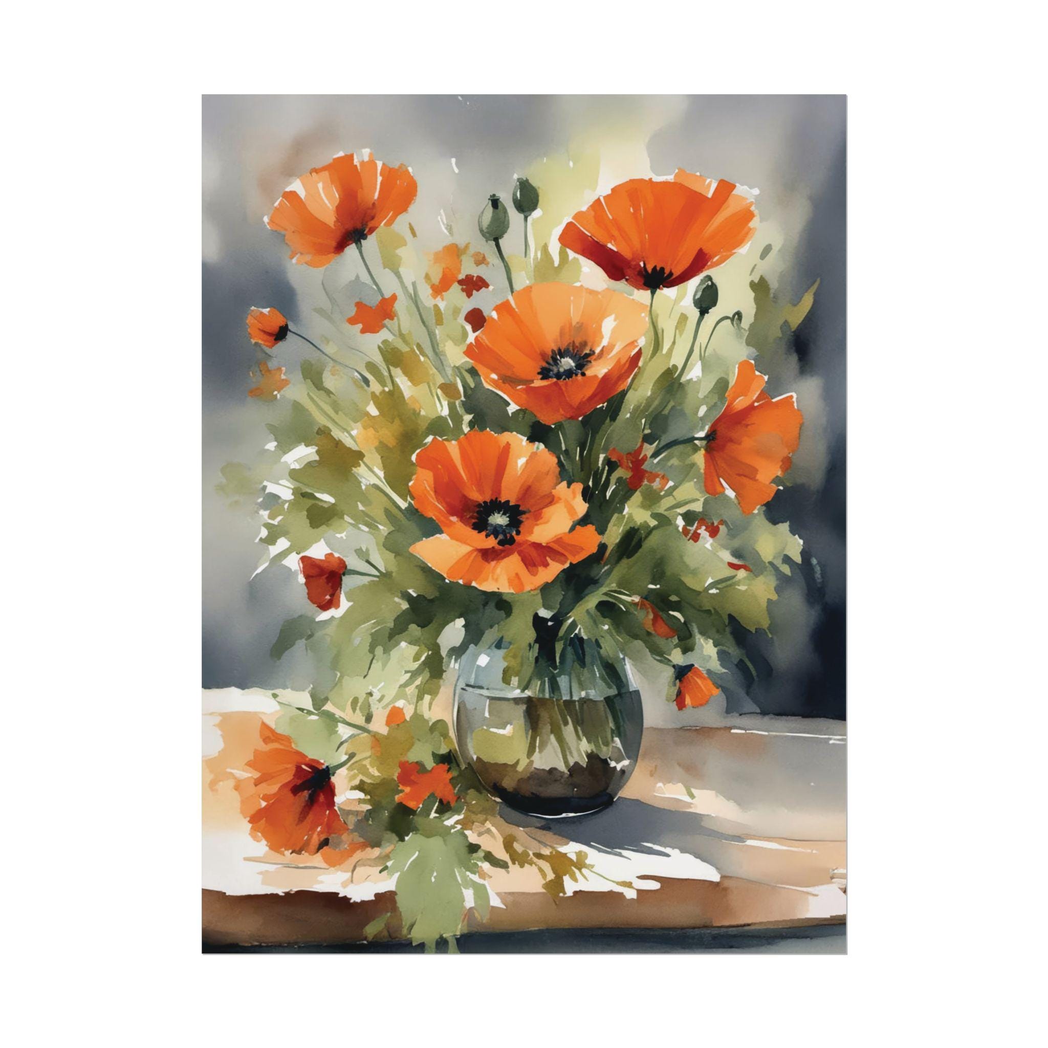 Red Orange Poppy Watercolor Painting, Still Life Wildflowers Poppies Artwork, Floral Wall Art Flowers PRINT #019