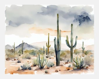 Neutral Watercolor Print Arizona Desert Landscape Painting Saguaro Desert Wall Art Poster