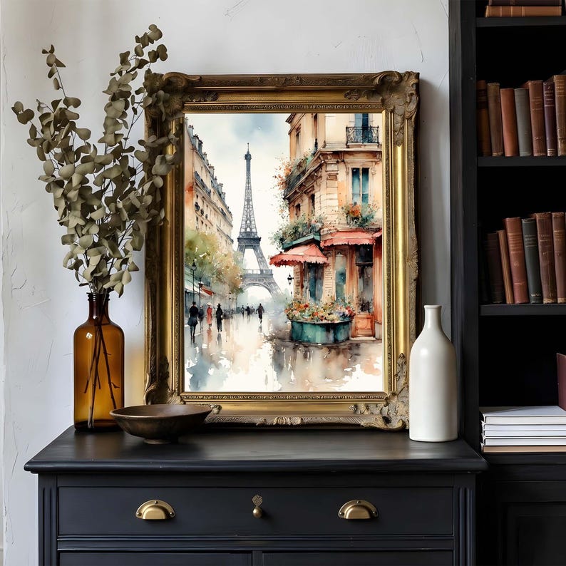 Paris Painting Eiffel Tower Watercolor Art Print Parisian Scene France Cityscape Illustration Wall Art Spring Wall Decor imagem 4