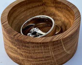 Oak Ring Dish | Wedding Ring Holder |  Compact Earring Bowl | Wooden Jewelry Tray | Personalize Gift | 2” Round .75” Tall | Custom Engraving