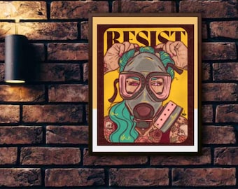 May include: A framed rectangular poster featuring a graphic illustration of a person wearing a gas mask with teal hair and tattoos. The word RESIST is printed in bold black letters at the top. The color palette includes yellow, teal, and brown.