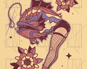 May include: A digital illustration featuring an anglerfish head with sharp teeth and a glowing lure, attached to a single leg wearing a black fishnet stocking and a pink boot. Two stylized purple and pink flowers flank the central figure.