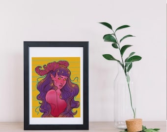 May include: A framed art print featuring a stylized illustration of a female figure with purple hair, horns, and yellow eyes. The artwork has a yellow background with horizontal lines. The frame is black.