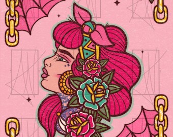 May include: A digital illustration on a pink background featuring a profile view of a person with bright pink hair, adorned with teal and red roses. The design includes gold chain borders, pink spider webs, and teal flowers in the corners.
