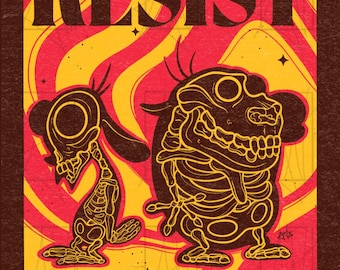 May include: A rectangular graphic print featuring the word RESIST in bold black letters at the top. The background consists of wavy red and yellow lines. Two cartoon characters are depicted as yellow skeletal outlines against the vibrant backdrop.