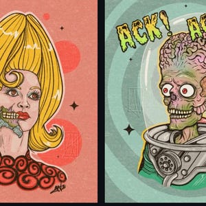 May include: A two-part illustration featuring a blonde figure with a beehive hairstyle and a partially decayed face on a coral background, alongside a green alien with an exposed brain inside a glass helmet with the text ACK! ACK! on a teal background.