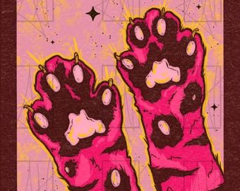 May include: A rectangular graphic print featuring two raised animal paws with bright pink fur, dark stripes, and light pink pads. The text FERAL GIRL appears at the top and Energy at the bottom in a gothic font against a light pink background.