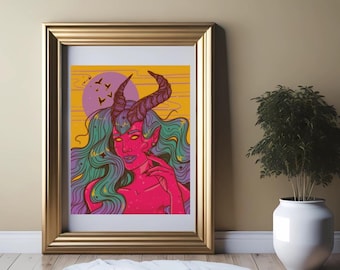 May include: A framed art print featuring a vibrant illustration of a female demon with pink skin, horns, and flowing teal and purple hair. The artwork is set against a yellow and purple background, framed in a gold-colored frame. A decorative plant in a white pot is next to the frame.
