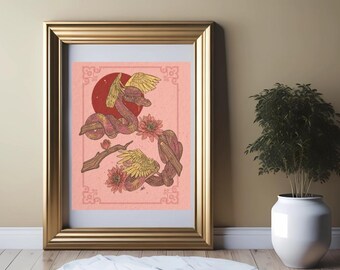 May include: A framed art print featuring a stylized illustration of a winged serpent with a red sun in the background. The artwork is in shades of pink, brown, and yellow, with floral accents. The frame is gold.