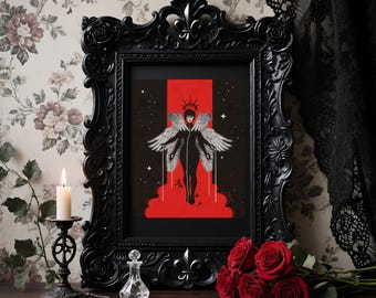May include: A black framed art print featuring a figure with angel wings against a red backdrop. The print is displayed on a wooden surface with a candle, roses, and a decorative bottle. The frame has ornate detailing.