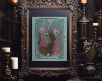 May include: Framed artwork featuring two figures with teal skin and red hair, dressed in flowing red gowns, against a teal background. The artwork is framed in an ornate, dark wood frame, evoking a gothic or vintage aesthetic. The image includes a skull and a boat.