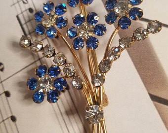Ancienne Broche En Bakélite Strass Bleus Et Blancs - Bijou Vintage - Occasion