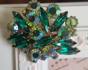 Vintage brooch  with Green and AB glass crystals  Czech