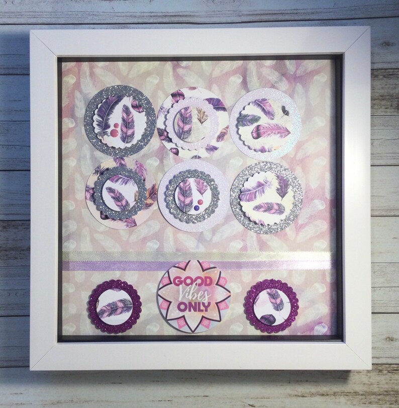 Purple Gift for her Pink Feather Box Frame Picture Glitter Feather Picture White