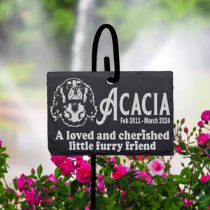 Pick Your Cavalier King Charles Spaniel Memorial Stone w/ Shepherd&#39;s Hook Garden Marker Laser Engraved SLATE Gravestone with Stand.