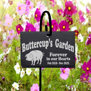 Pig Memorial Sign Marker SLATE Curved Text with Shepherd&#39;s hook Personalized Laser Engraved Gravestone Marker with stand.