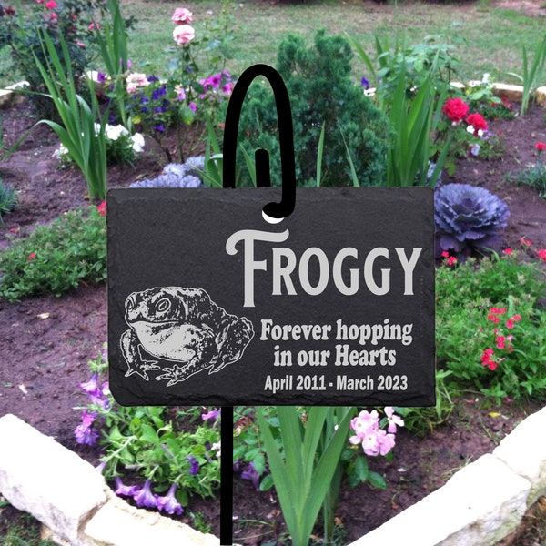 Toad Frog Memorial Sign Marker SLATE with Shepherd's hook Personalized Laser Engraved Gravestone Marker with stand.