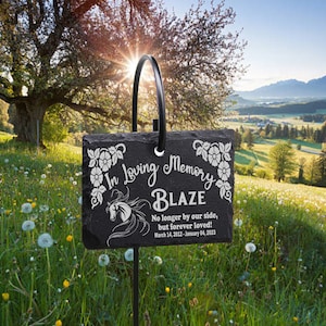 Horse Memorial Stone Sign w/Curved In Loving Memory with Shepherd&#39;s Hook Garden Marker Personalized Laser Engraving and Size Options