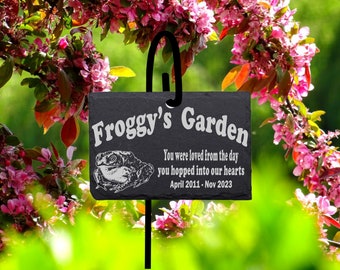 Toad Frog Memorial Sign Marker SLATE Curved Text with Shepherd's hook Personalized Laser Engraved Gravestone Marker with stand.
