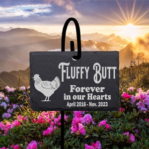 Chicken Grave Memorial Stone Sign with Shepherd&#39;s hook Personalized Laser Engraved SLATE Gravestone Marker with stand.