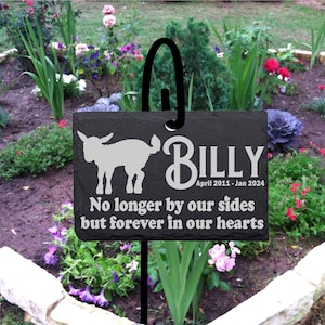 Baby Goat Memorial Stone Sign with Shepherd&#39;s hook Garden Marker Personalized Laser Engraved SLATE Gravestone with Stand.