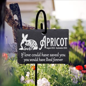 Bunny Rabbit Pet Memorial Slate Stone Sign with Shepherd&#39;s Hook Garden Marker Personalized Laser Engraved SLATE Gravestone with Metal Stand.