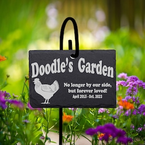 Chicken Grave Memorial Stone Sign with Shepherd&#39;s hook Personalized Curved Name Laser Engraved SLATE Gravestone Marker with stand.