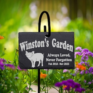 Pig Grave Stone Sign Marker SLATE Curved Text with Shepherd&#39;s hook Personalized Laser Engraved Gravestone Marker with stand.