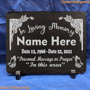 Slate Stone 8x10 Personalized Memorial Plaque Laser Engraved Stone Sign with small stand or feet.