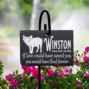 Pet Pig Memorial Sign Marker SLATE with Shepherd&#39;s hook Personalized Laser Engraved Gravestone Marker with stand.