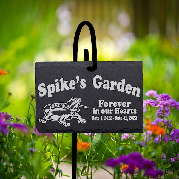 Bearded Dragon Memorial Sign Marker SLATE Curved Text with Shepherd's Hook Personalized Laser Engraved Gravestone Marker with Hanger Stand.