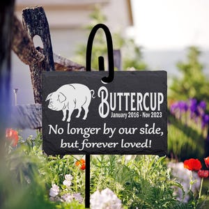 Pig Memorial Sign Marker SLATE with Shepherd&#39;s hook Personalized Laser Engraved Gravestone Marker with metal stand Pet Memorial Marker.