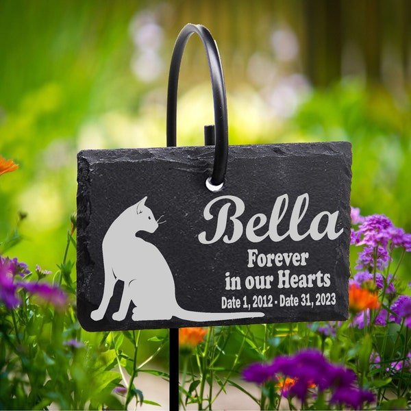 Shorthaired Cat Memorial Sign Marker SLATE stone with Shepherd's hook Personalized Laser Engraved SLATE Gravestone Marker with stand.
