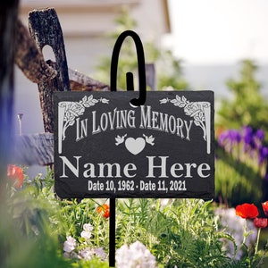 Memorial Stone. Quality Slate Sign with Shepherd's Hook. Human Garden Marker/Gravestone Sign. Permanently Laser Engraved with Stand.