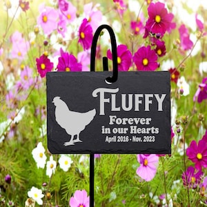 Pick your Hen Grave Memorial Stone Sign with Shepherd&#39;s hook Personalized Laser Engraved SLATE Gravestone Marker with stand.