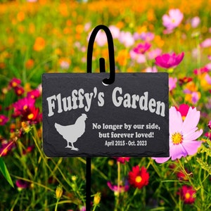 Pick your Chicken Grave Memorial Stone Sign with Shepherd&#39;s hook Curved Name Personalized Laser Engraved SLATE Gravestone Marker with stand.