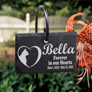 Cat Memorial Sign Marker. SLATE Stone with Shepherd&#39;s hook. Personalized Laser Engraved Gravestone Marker with stand.