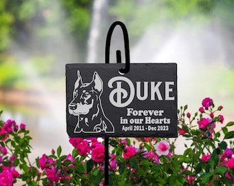 Pick your Doberman Memorial stone. Quality SLATE sign w/ Shepherd's hook Garden Marker Personalized Engraved SLATE Gravestone with Stand