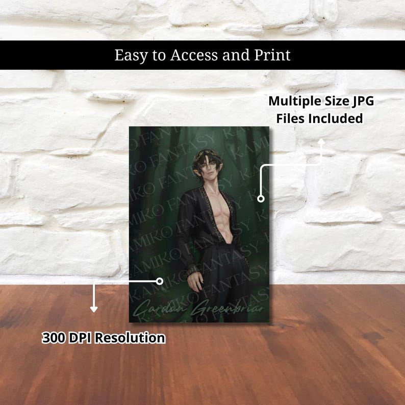 Peut inclure: Impression d'art num&eacute;rique repr&eacute;sentant une figure masculine aux oreilles pointues, v&ecirc;tue d'une robe noire, sur fond de for&ecirc;t verte. L'impression comprend le texte "Easy to Access and Print", "Multiple Size JPG Files Included", et "300 DPI Resolution".