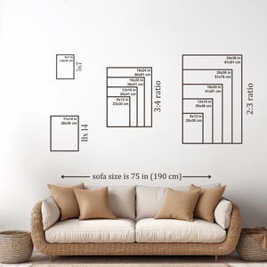 Peut inclure: Guide des tailles d'art mural avec des cadres rectangulaires noirs, incluant des tailles comme 13x18 cm, 28x36 cm, 46x61 cm et 61x91 cm. La taille du canap&eacute; est de 190 cm.