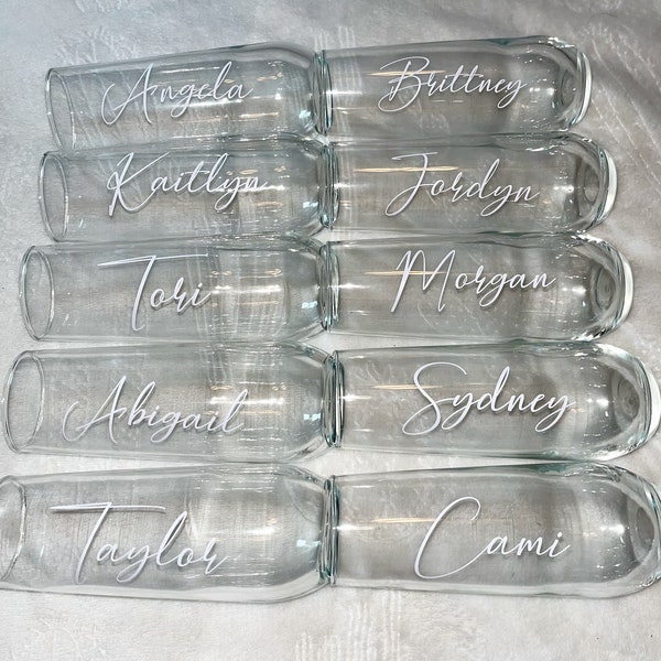 Custom Bridesmaid Name Personalized Champagne Glass in Script Font for Bachelorette Party and Wedding Day, Bridal Gift, bridesmaid gift