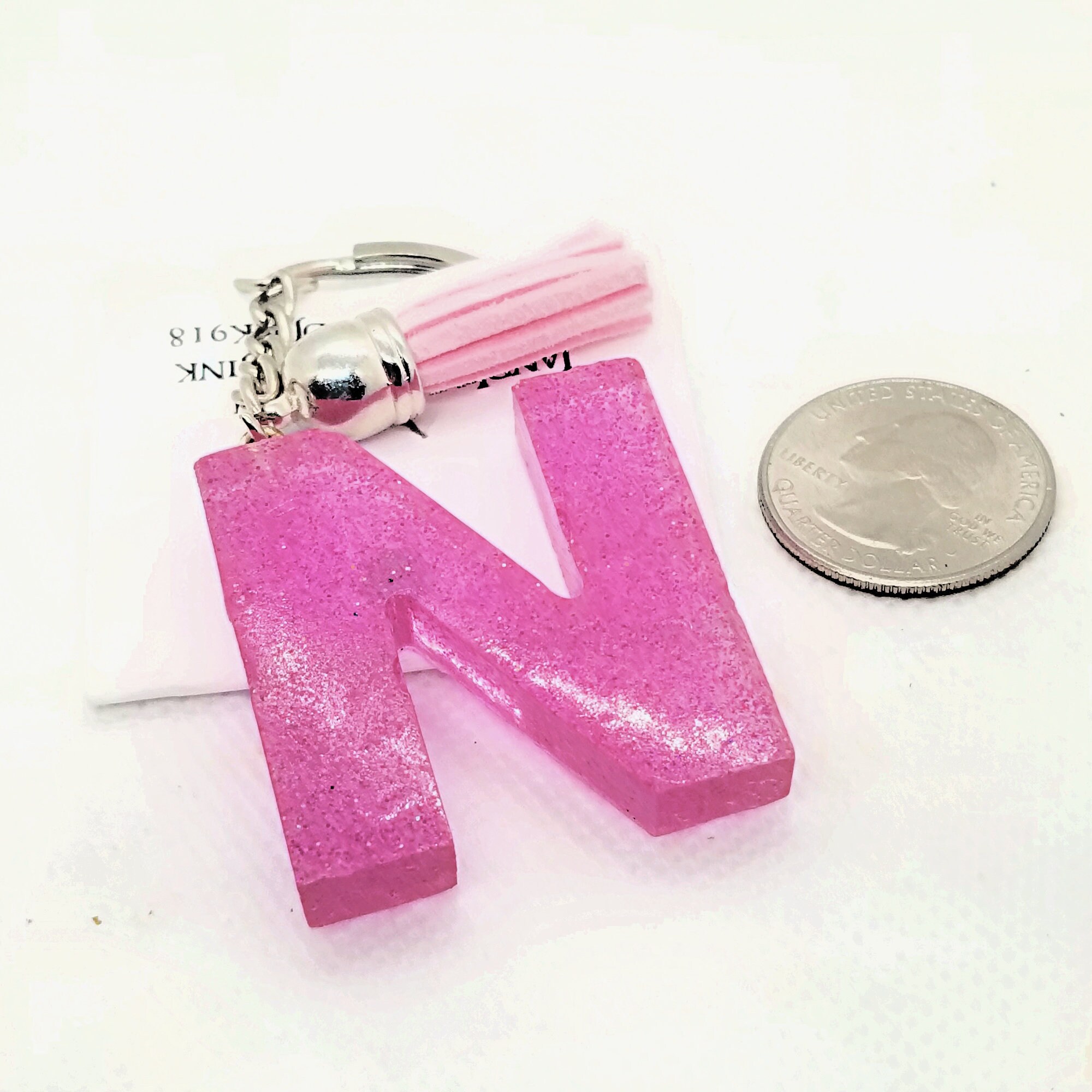 Pink Glitter Resin Initial Letter N Keychain with Tassel Charm Etsy