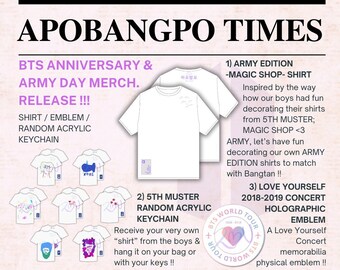 BTS; #purplepromiseme, Borahae Merchandise: Shirts, Random Keychains, Emblems (Bangtan Collectables + Gift; made for Bangtan & Army)