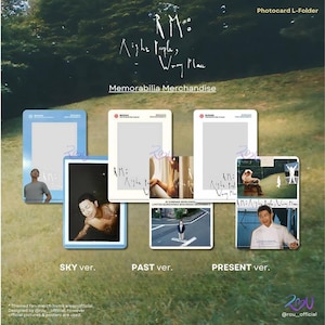 May include: Three photocard L-folders with different versions of a photo of a man. The folders are labeled "SKY ver.", "PAST ver.", and "PRESENT ver.". The text "M: Right People, Wrong Place" is written in white on a green background.