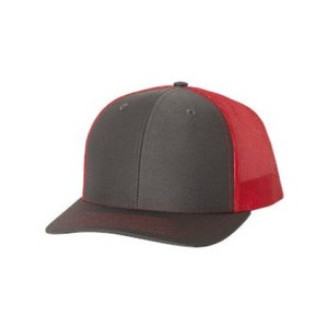 May include: A charcoal grey and red trucker hat with a mesh back.