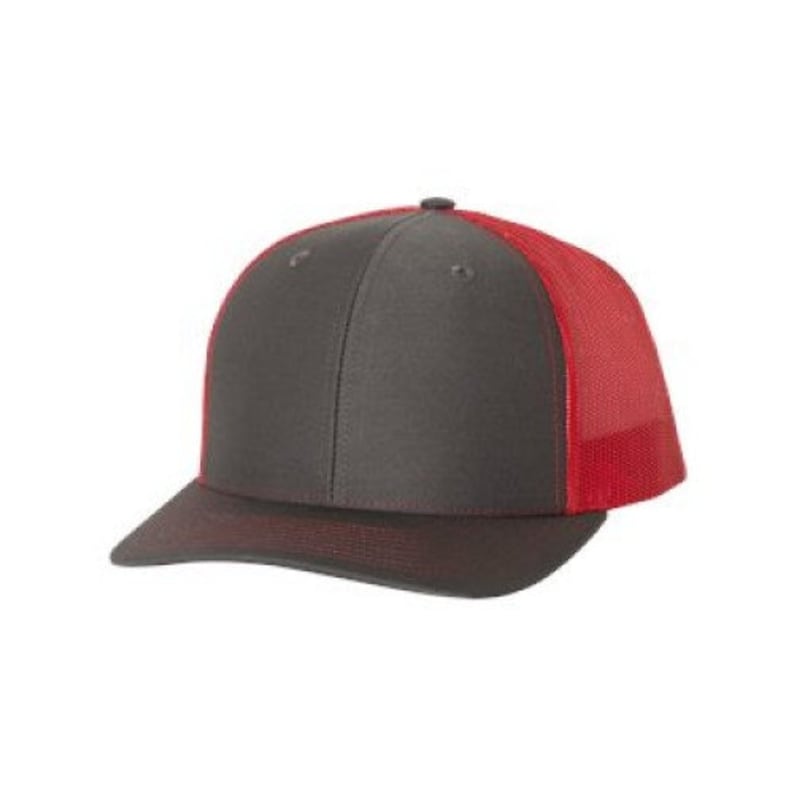May include: A charcoal grey and red trucker hat with a mesh back.