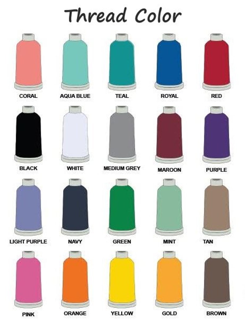 May include: A chart showing 20 different thread colors, including coral, aqua blue, teal, royal blue, red, black, white, medium grey, maroon, purple, light purple, navy, green, mint, tan, pink, orange, yellow, gold, and brown.